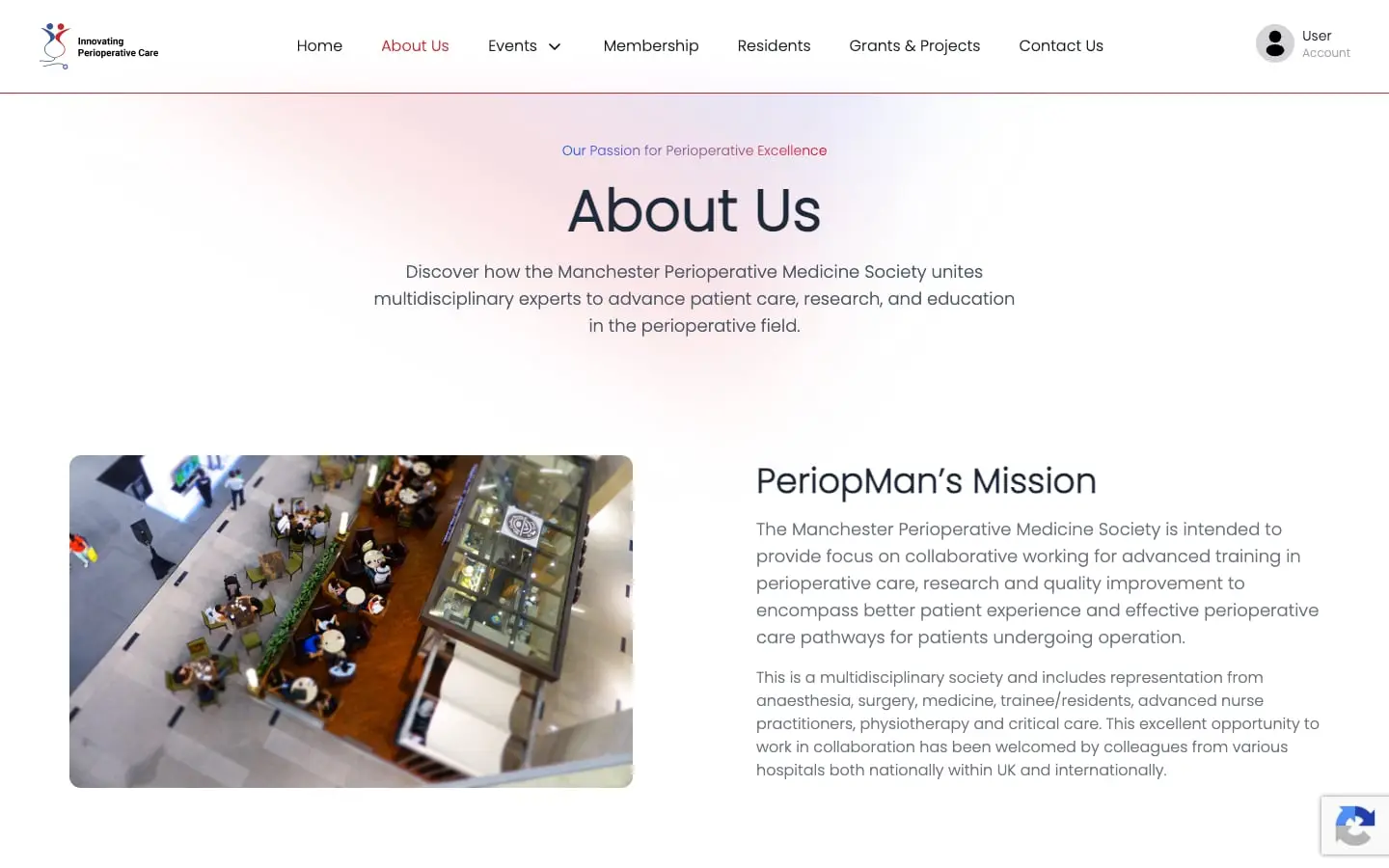 The about page, with the society's mission next to a photo from one of its meetings