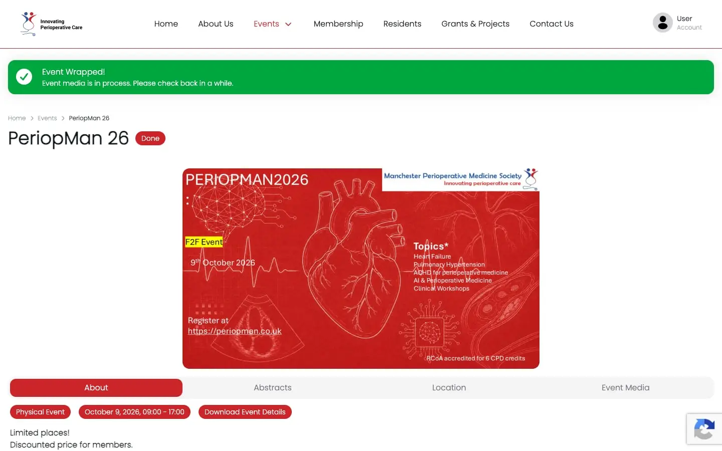 The PeriopMan 26 event page, with the event poster and tabs for About, Abstracts, Location and Event Media