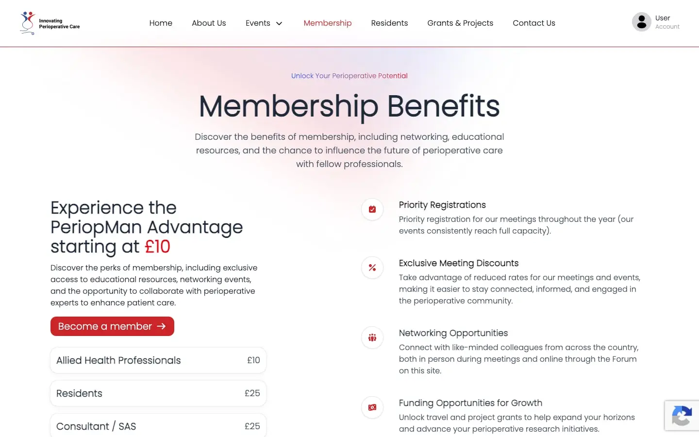 The membership page, with three tiers and the benefits of joining