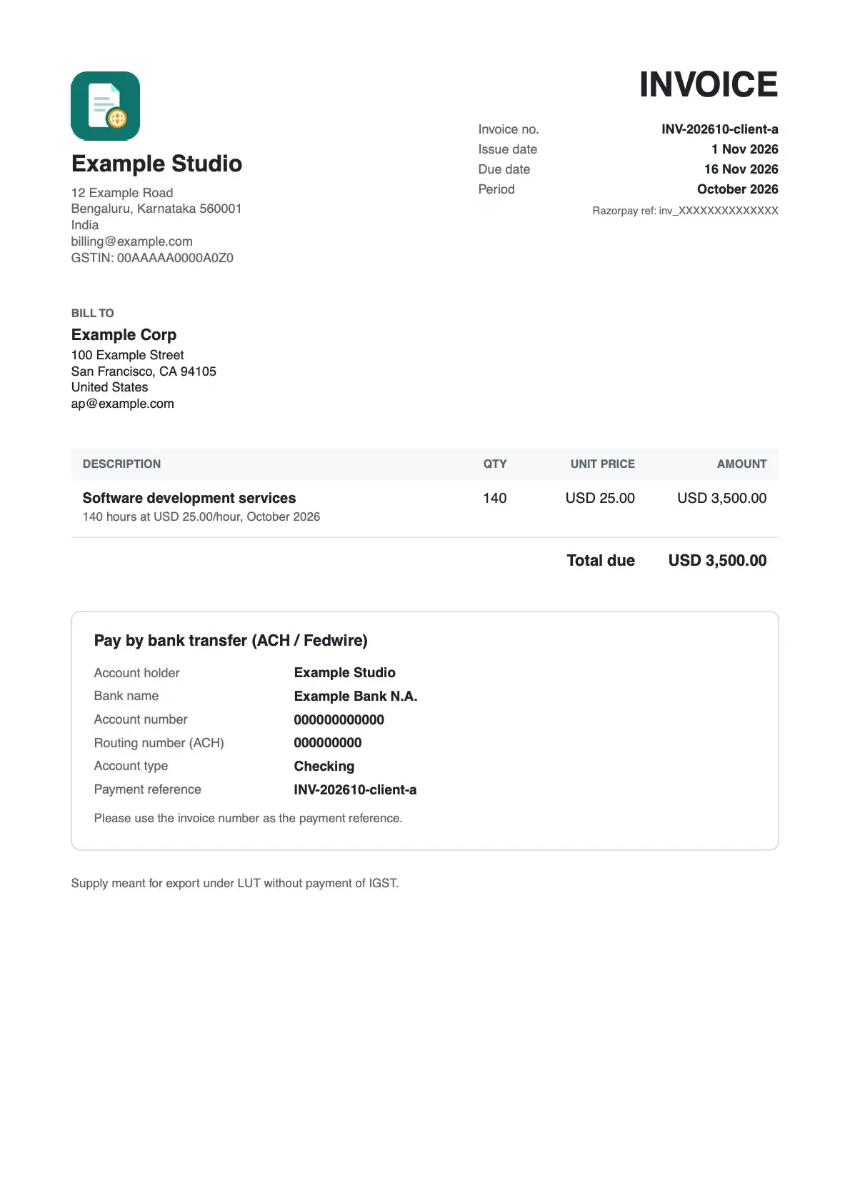 A sample invoice made by the tool: invoice INV-202610-client-a for USD 3,500 of software development in October 2026, with a box of US bank transfer details and the invoice number as the payment reference