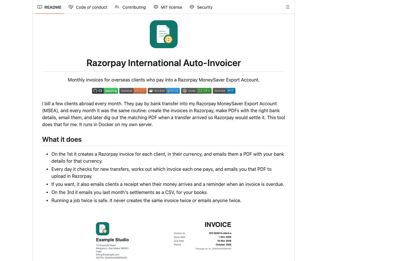 The project's README on GitHub, with the logo, the title Razorpay International Auto-Invoicer and a list of what it does