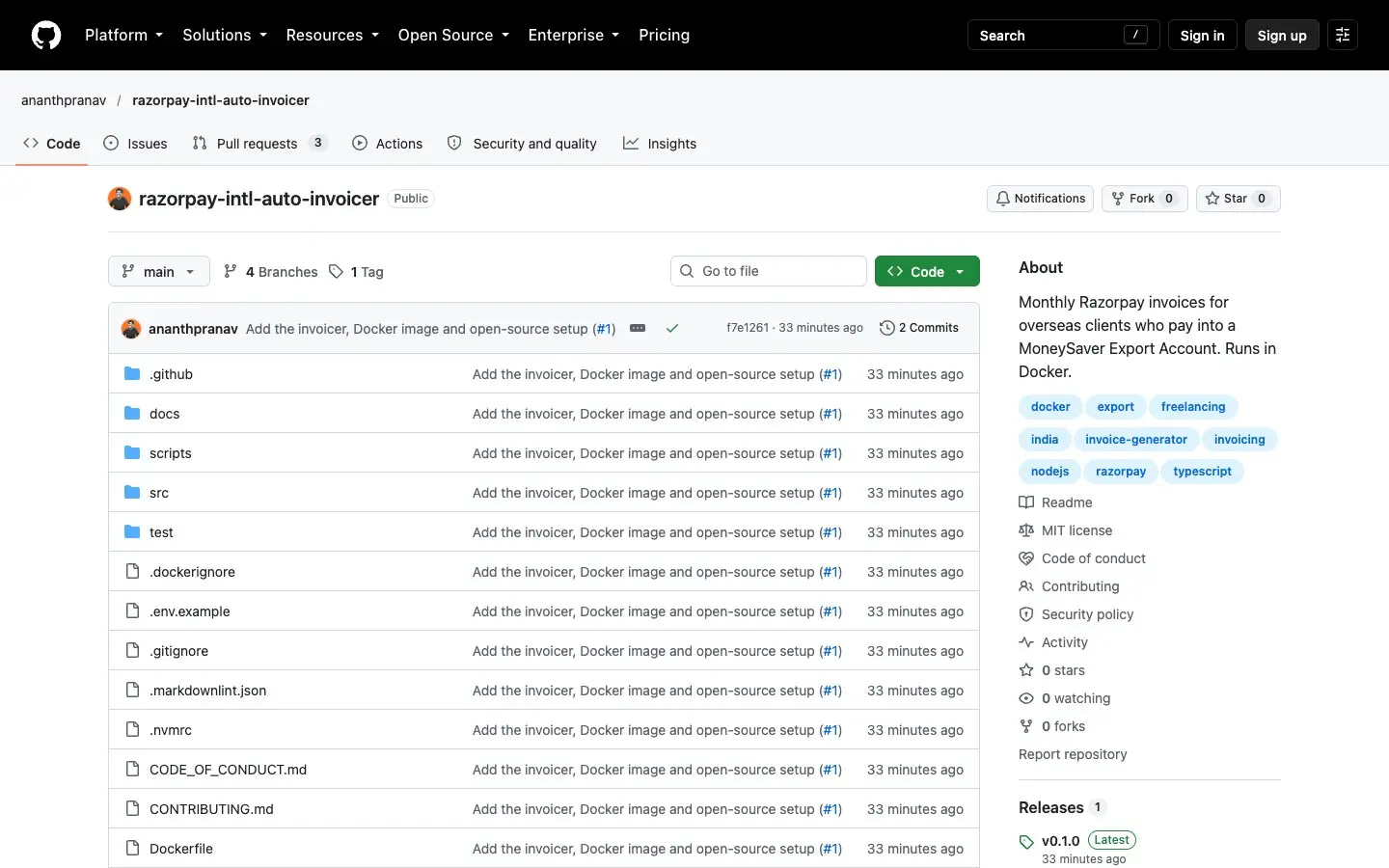 The razorpay-intl-auto-invoicer repository on GitHub, with its file list, topics and the v0.1.0 release
